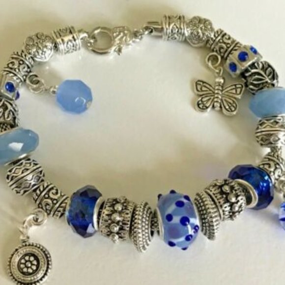 European Style Silver Plated Charm Bracelet with Beads, Lobster Closure, 9" Long - Picture 11 of 12